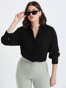DL Woman Women Solid Casual Black Shirt