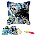 DL-YTG Latch Hook Kits Pillow Black Cat Left Crochet Yarn Cushion Colour Pre-Printed Canvas Rug Needlework DIY Pillowcase Hook and Latch Kit Christmas Home Crafts Sofa Decoration 42x42cm/16X16inch