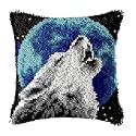 DL-YTG Latch Hook Kits Pillow Wolf Crochet Yarn Cushion Colour Printed Canvas Rug Needlework DIY Pillowcase Hook and Latch Kit Arts Crafts Christmas Home Sofa Decoration 42x42cm/16X16in