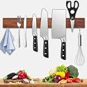 Dmore magnetic knife holder for wall—with 2 hooks, No Drilling 16 Inch walnut knife magnetic strip, Powerful knife magnet rack, include Adhesive Tape and screws for Knives, Utensils, and Tools