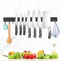 Dmore magnetic knife holder for wall—with 4 hooks, No Drilling 20 Inch black knife magnetic strip, Powerful knife magnet rack, include Adhesive Tape and screws for Knives, Utensils, and Tools