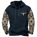 DMOYALA Men's Aztec Cow Skull Hoodie Western Sweatshirt with Hood Vintage Ethnic Tribal Graphic Patchwork Pullvoer