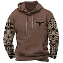 DMOYALA Men's Aztec Cow Skull Hoodie Western Sweatshirt with Hood Vintage Ethnic Tribal Graphic Patchwork Pullvoer