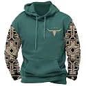 DMOYALA Men's Aztec Cow Skull Hoodie Western Sweatshirt with Hood Vintage Ethnic Tribal Graphic Patchwork Pullvoer