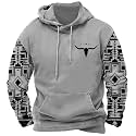 DMOYALA Men's Aztec Cow Skull Hoodie Western Sweatshirt with Hood Vintage Ethnic Tribal Graphic Patchwork Pullvoer