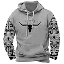 DMOYALA Men's Aztec Cow Skull Hoodie Western Sweatshirt with Hood Vintage Ethnic Tribal Graphic Patchwork Pullvoer