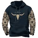 DMOYALA Men's Aztec Cow Skull Hoodie Western Sweatshirt with Hood Vintage Ethnic Tribal Graphic Patchwork Pullvoer