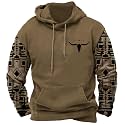DMOYALA Men's Aztec Cow Skull Hoodie Western Sweatshirt with Hood Vintage Ethnic Tribal Graphic Patchwork Pullvoer