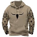 DMOYALA Men's Aztec Cow Skull Hoodie Western Sweatshirt with Hood Vintage Ethnic Tribal Graphic Patchwork Pullvoer