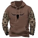 DMOYALA Men's Aztec Cow Skull Hoodie Western Sweatshirt with Hood Vintage Ethnic Tribal Graphic Patchwork Pullvoer
