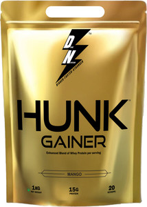 dn with divine nutrition hunk gainer pouch 15g protein 150g per serving 6 serving weight gainersmass gainers