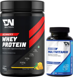 dnutrixn beginners high whey protein 40g  multivitamin tablets  digestive enzyme bcaa whey protein 500 g mango delight
