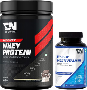 dnutrixn beginners high whey protein 40g  multivitamin tablets  digestive enzyme bcaa whey protein 500 g cookies  cream