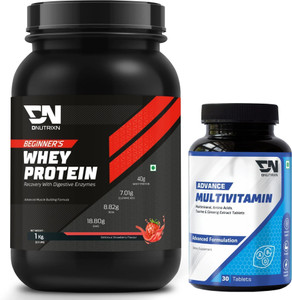 dnutrixn beginners high whey protein 40g  multivitamin tablets  digestive enzyme bcaa whey protein 1 kg delicious strawberry