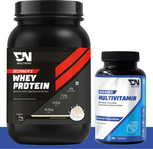 dnutrixn beginners high whey protein 40g  multivitamin tablets  digestive enzyme bcaa whey protein 1 kg vanilla ice cream