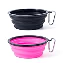 Dog Bowl Pet Collapsible Bowls, 2 Pack Collapsible Dog Water Bowls for Cats Dogs, Portable Pet Feeding Watering Dish for Walking Parking Traveling with 2 Carabiners (Black+Pink, Medium)