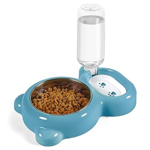 dog bowls cat food and water bowl set with water dispenser and stainless steel bowl for cats and small dogs - blue