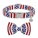 Dog Collar with Bow Tie, 4th of July Comfortable Cotton Dog Collar, American Flag Collar for Puppy Girl Boy Dog or Cat, Patriotic Bowtie Collar with Metal Buckle, XS