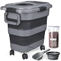 Dog Food Storage Container，23-25 lbs Airtight Collapsible Cat Food Storage Container with Attachable Wheels, Portable Handle, Dog Food Scoop for Dog Cat Bird Pet Dry Food Storage Bin Dark Grey