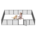 Dog Playpen with Safety Mesh, 24" Height 24 Panels Metal Dog Fence Indoor Outdoor, Portable Dog Kennel for Camping, Yard &amp; RV | Black-Silver