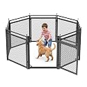 Dog Playpen with Safety Mesh, 24" Height 8 Panels Metal Dog Fence Indoor Outdoor, Portable Dog Kennel for Camping, Yard &amp; RV | Black-Silver