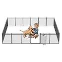 Dog Playpen with Safety Mesh, 32" Height 24 Panels Metal Dog Fence Indoor Outdoor, Portable Dog Kennel for Camping, Yard &amp; RV | Black-Silver