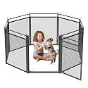 Dog Playpen with Safety Mesh, 32" Height 8 Panels Metal Dog Fence Indoor Outdoor, Portable Dog Kennel for Camping, Yard &amp; RV | Black-Silver