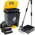 Dog Pooper Scooper, 20L Large Dog Poop Trash Can Outside with Removable Inner Bucket, Poop Trash Can for dog Outdoors with 90 Waste Bags, 37inch Long Handle Stainless Metal Tray & Rake