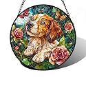 Dog with Roses Stained Glass Window Hanging Suncatcher Gift for Women 7.8"