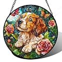 Dog with Roses Stained Glass Window Hanging Suncatcher Gift for Women 15"