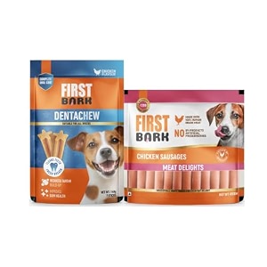 dog treat combo pack  dentachew dental treats 140g  chicken sausages meat delights 450g  oral care gum health fresh breath amp protein-rich dog snacks newly launched by dogsncats