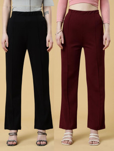 doil domec regular fit women black maroon trousers