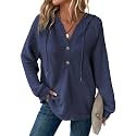 Dokotoo Hoodies for Women Waffle Knit Button V Neck Casual Sweatshirt Tops