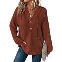 Dokotoo Hoodies for Women Waffle Knit Button V Neck Casual Sweatshirt Tops