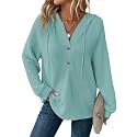 Dokotoo Hoodies for Women Waffle Knit Button V Neck Casual Sweatshirt Tops