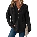 Dokotoo Hoodies for Women Waffle Knit Button V Neck Casual Sweatshirt Tops