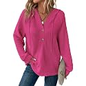 Dokotoo Hoodies for Women Waffle Knit Button V Neck Casual Sweatshirt Tops