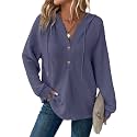 Dokotoo Hoodies for Women Waffle Knit Button V Neck Casual Sweatshirt Tops