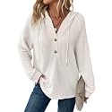 Dokotoo Hoodies for Women Waffle Knit Button V Neck Casual Sweatshirt Tops