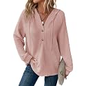 Dokotoo Hoodies for Women Waffle Knit Button V Neck Casual Sweatshirt Tops