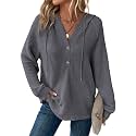 Dokotoo Hoodies for Women Waffle Knit Button V Neck Casual Sweatshirt Tops