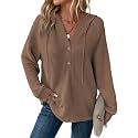 Dokotoo Hoodies for Women Waffle Knit Button V Neck Casual Sweatshirt Tops