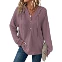 Dokotoo Hoodies for Women Waffle Knit Button V Neck Casual Sweatshirt Tops
