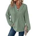 Dokotoo Hoodies for Women Waffle Knit Button V Neck Casual Sweatshirt Tops