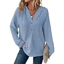 Dokotoo Hoodies for Women Waffle Knit Button V Neck Casual Sweatshirt Tops