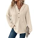 Dokotoo Hoodies for Women Waffle Knit Button V Neck Casual Sweatshirt Tops