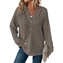 Dokotoo Hoodies for Women Waffle Knit Button V Neck Casual Sweatshirt Tops