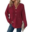 Dokotoo Hoodies for Women Waffle Knit Button V Neck Casual Sweatshirt Tops