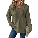 Dokotoo Hoodies for Women Waffle Knit Button V Neck Casual Sweatshirt Tops