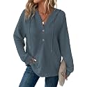 Dokotoo Hoodies for Women Waffle Knit Button V Neck Casual Sweatshirt Tops